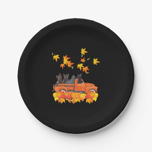 Funny Black Cats Truck Autumn Pumpkin Maple Leaf Paper Plates (Front)