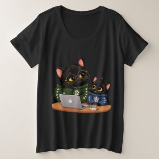 Funny Black Cats Working On Laptop Programmer Cat Plus Size T-Shirt