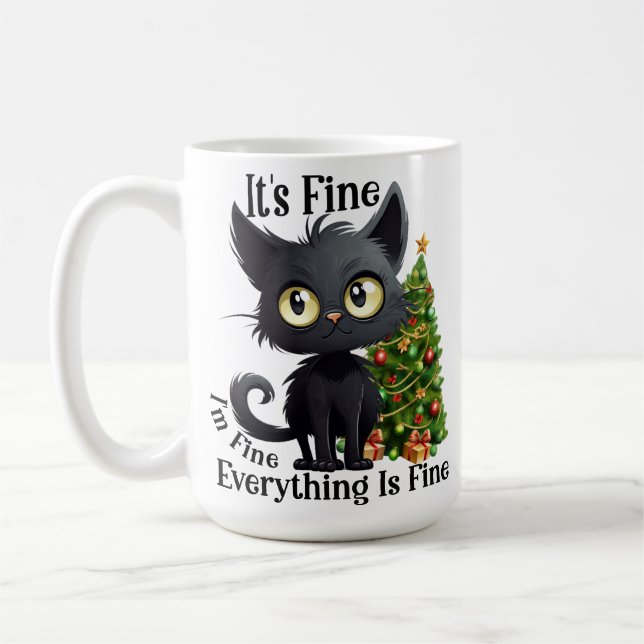 FUNNY BLACK CHRISTMAS CAT AND TREE COFFEE MUG (Left)