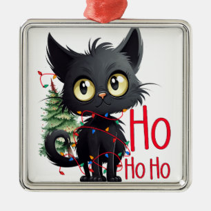 FUNNY BLACK CHRISTMAS CAT WITH TREE METAL ORNAMENT