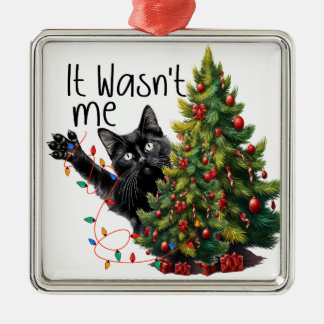 FUNNY BLACK CHRISTMAS CAT WITH TREE METAL ORNAMENT