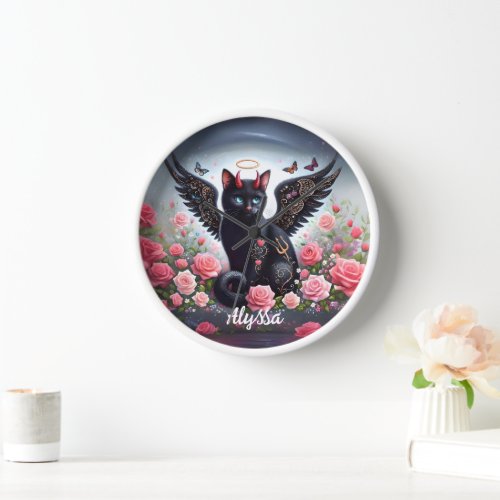 Funny Black Demon and Angel Cat  Clock