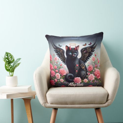 Funny Black Demon and Angel Cat  Throw Pillow