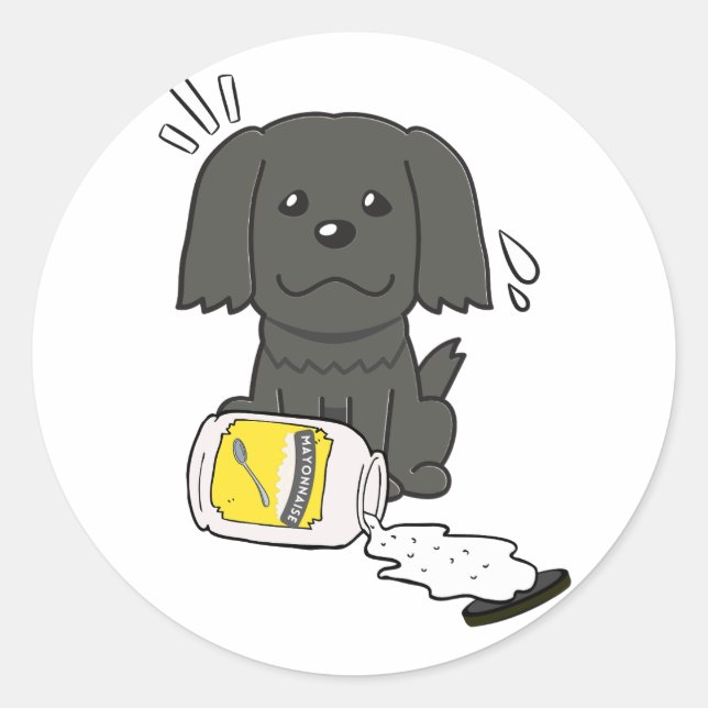 Funny black dog spilled mayonnaise classic round sticker (Front)