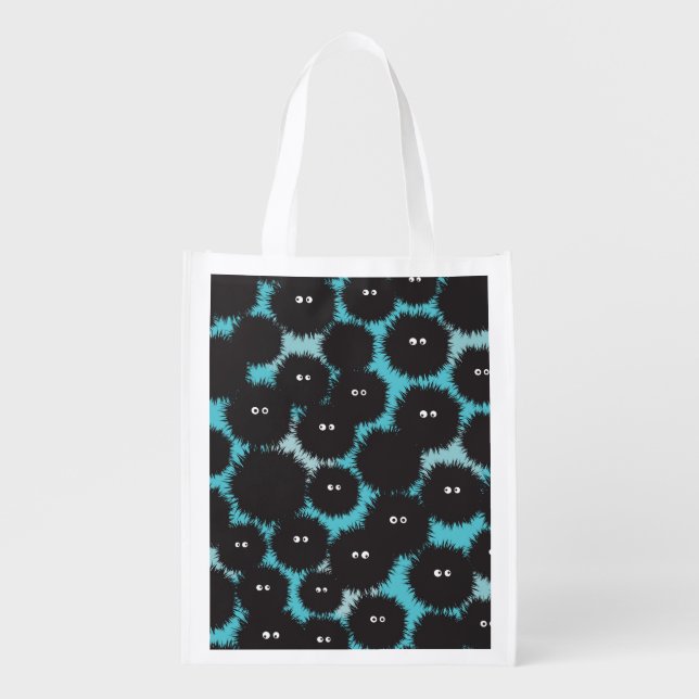 Funny black fluffy monsters  grocery bag (Front)
