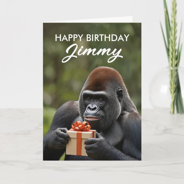 Funny Black Gorilla Holding a Gift Birthday Card (Front)