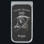 Funny Black Grim Reaper World's Ghoulest Dad Silver Finish Money Clip<br><div class="desc">Looking for the perfect gift for a horror-loving dad? This Personalized Grim Reaper Money Clip is the ultimate accessory for anyone who loves Halloween, horror movies, and all things spooky. Whether you're shopping for a Halloween enthusiast, a fan of creepy aesthetics, or a dad with a passion for the macabre,...</div>
