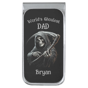 Funny Black Grim Reaper World's Ghoulest Dad Silver Finish Money Clip