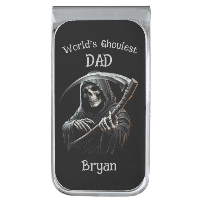 Funny Black Grim Reaper World's Ghoulest Dad Silver Finish Money Clip (Front Vertical)
