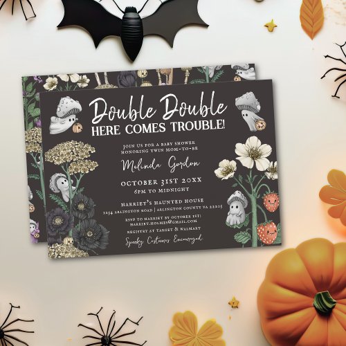 Funny Black Halloween Ghosts Twins Baby Shower Invitation