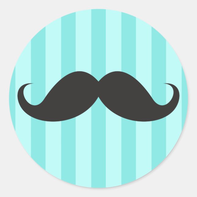 Funny black handlebar mustache moustache aqua blue classic round sticker (Front)