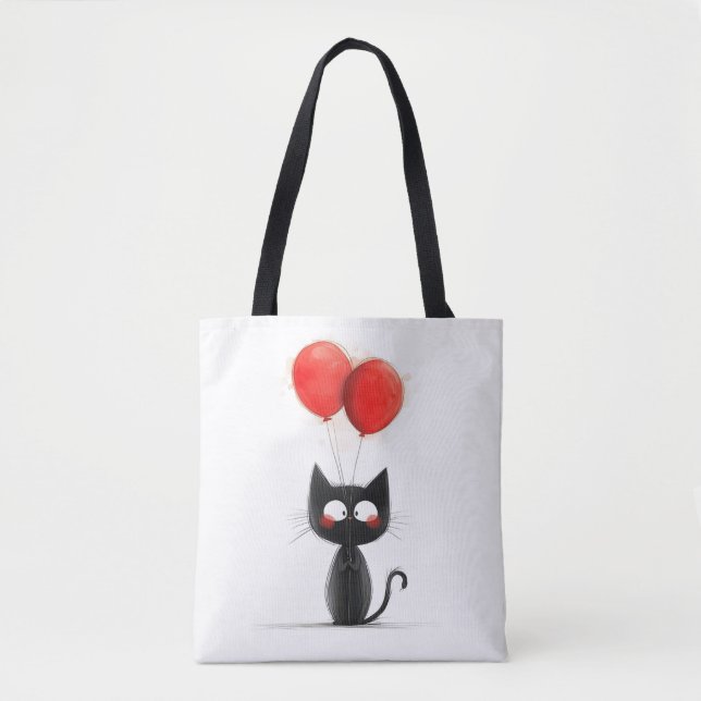 Funny black kitten with red balloons tote bag (Front)