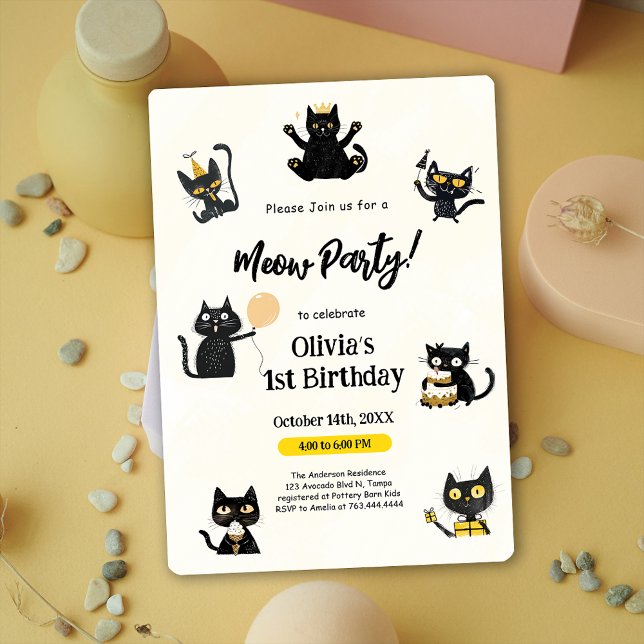 Funny Black Kitty 1st Birthday Party Invitation (Funny Black Kitty 1st Birthday Party Invitation)