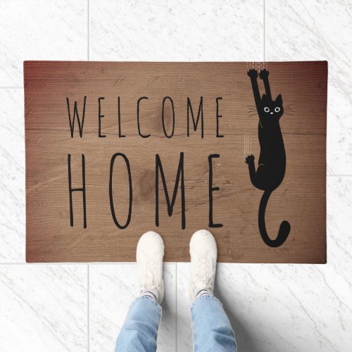 Funny Black Kitty Cat  Welcome Home  Cool Custom Doormat