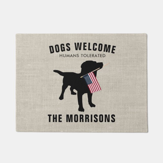 Funny Black Lab Dog Family Name Welcome Mat (Front)