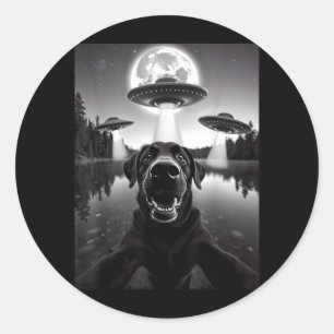 Funny Black Lab Labrador Dog Selfie With Ufos Classic Round Sticker