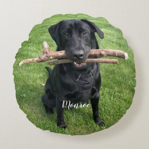 Funny Black Lab Pet Personalized Name and Photo  Round Pillow