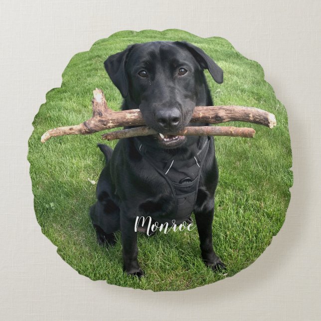 Funny Black Lab Pet Personalized Name and Photo  Round Pillow (Front)