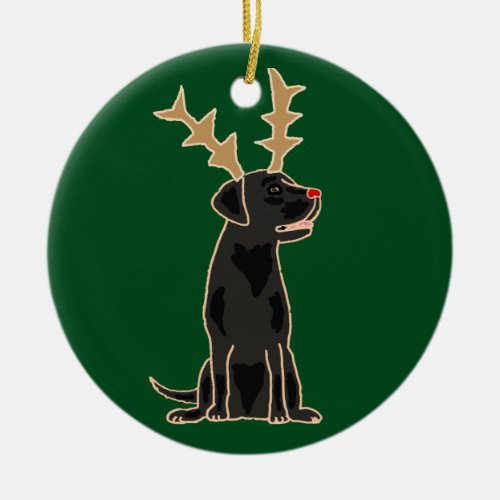 Funny Black Lab with Reindeer Antlers Christmas Ceramic Ornament