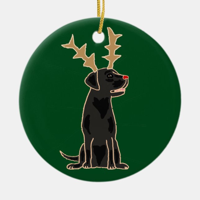 Funny Black Lab with Reindeer Antlers Christmas Ceramic Ornament (Front)
