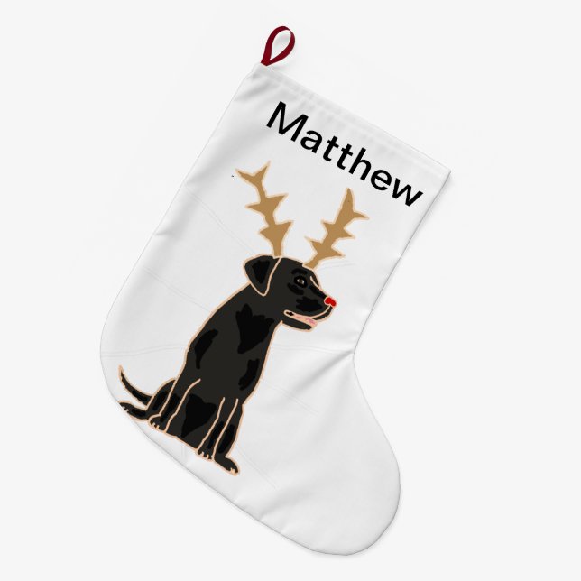 Funny Black Lab with Reindeer Antlers Christmas Large Christmas Stocking (Front (Hanging))