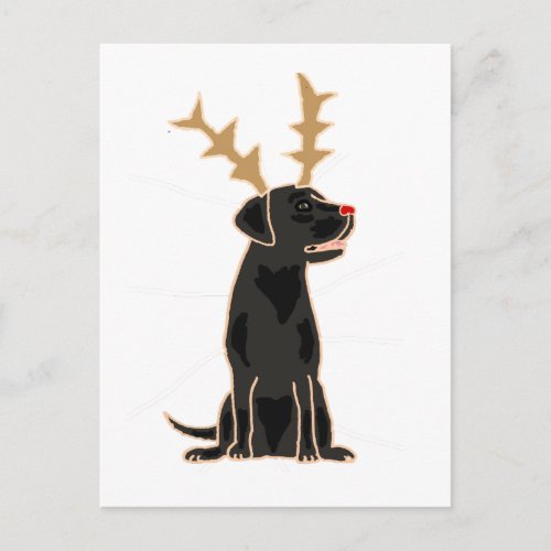 Funny Black Lab with Reindeer Antlers Christmas Postcard