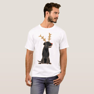 Funny Black Lab with Reindeer Antlers Christmas T-Shirt