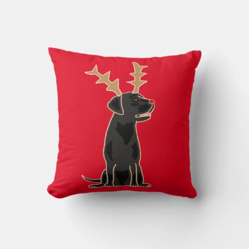 Funny Black Lab with Reindeer Antlers Christmas Throw Pillow