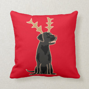 Funny Black Lab with Reindeer Antlers Christmas Throw Pillow