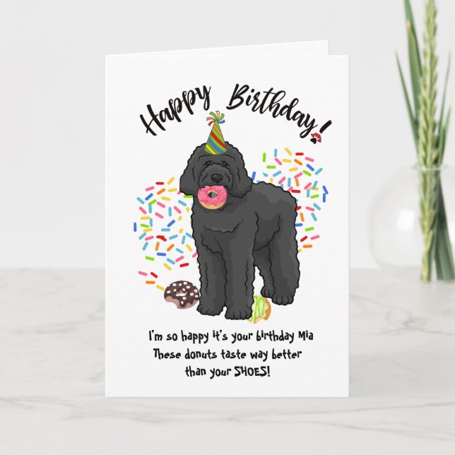 Funny Black Labradoodle Birthday Card Donuts (Front)