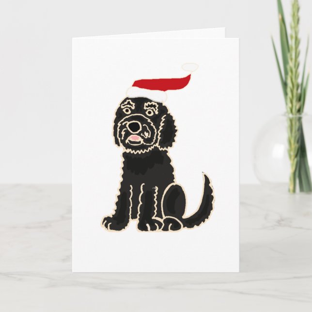 Funny Black Labradoodle in Santa Hat Christmas Art Holiday Card (Front)