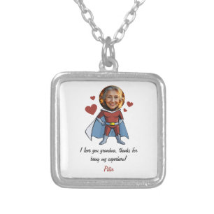 Funny Black & Maroon Cartoon Superhero Grandma Silver Plated Necklace