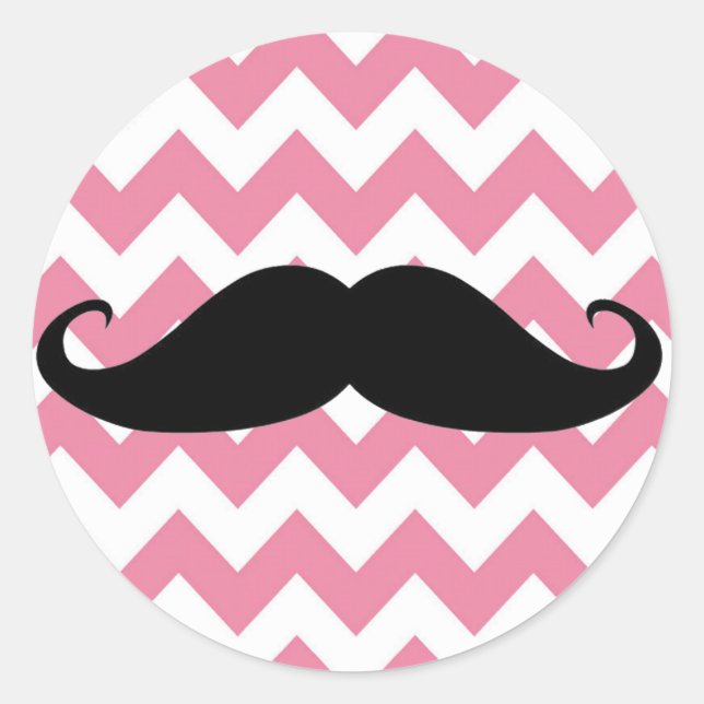 Funny Black Mustache And Pink Chevron Pattern Classic Round Sticker (Front)