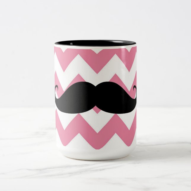Funny Black Mustache And Pink Chevron Pattern Two-Tone Coffee Mug (Center)