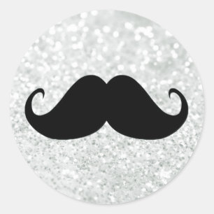 Funny Black Mustache And White Sparkle Bling Classic Round Sticker