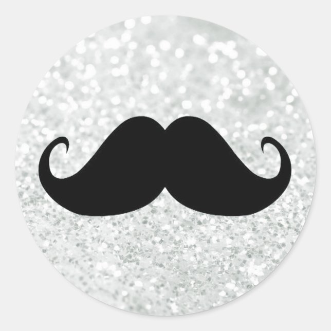 Funny Black Mustache And White Sparkle Bling Classic Round Sticker (Front)
