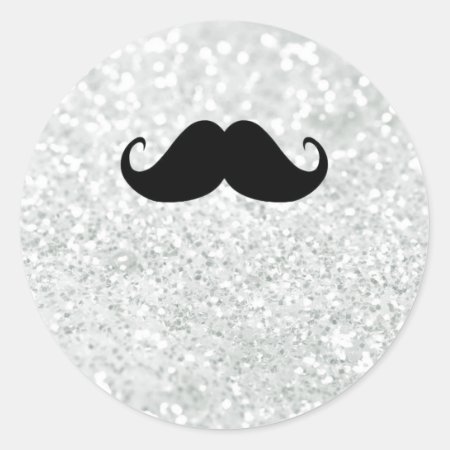 Funny Black Mustache And White Sparkle Bling Classic Round Sticker
