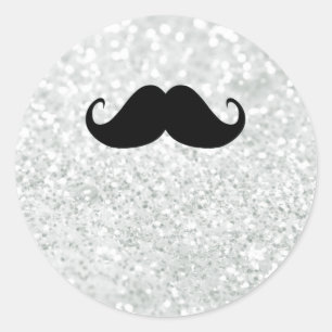 Funny Black Mustache And White Sparkle Bling Classic Round Sticker