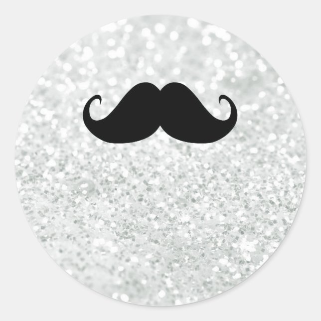 Funny Black Mustache And White Sparkle Bling Classic Round Sticker (Front)