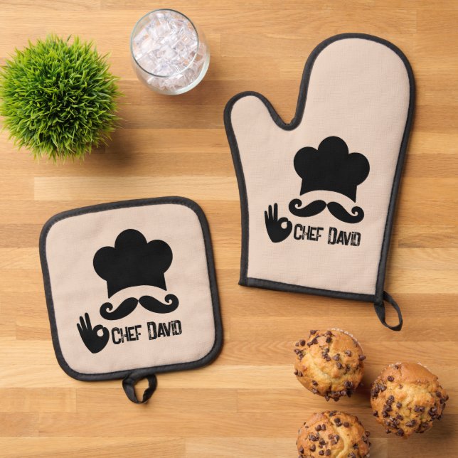 Funny Black Mustache Chef Custom Oven Mitt & Pot Holder Set (Top Down)