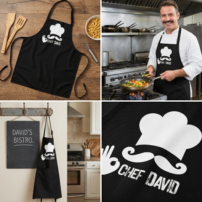 Funny Black Mustache Chef Name Apron (chef aprons unique cooking housewarming funny birthday holiday modern script bbq fathers day gift)