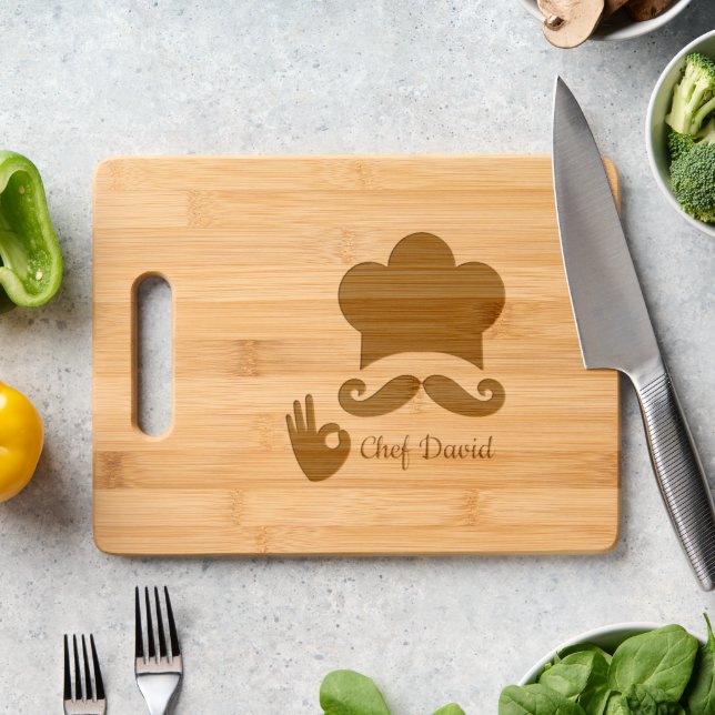 Funny Black Mustache Custom Chef  Engraved Cutting Board (Kitchen Counter)
