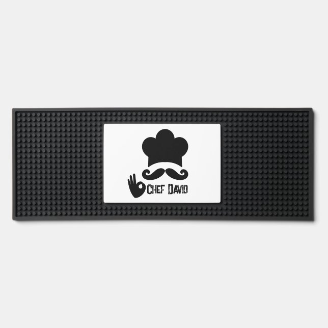 Funny Black Mustache Custom Name Chef Bar Mat (Front)