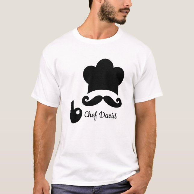 Funny Black Mustache Custom Text Chef Hat T-Shirt (Front)