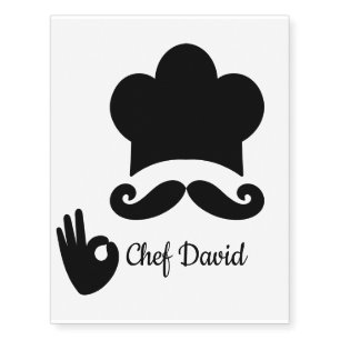 Funny Black Mustache Custom Text Name Hat Chef Temporary Tattoos