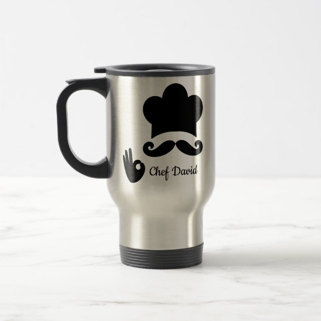 Funny Black Mustache Custom Text Name Hat Chef Travel Mug (Left)
