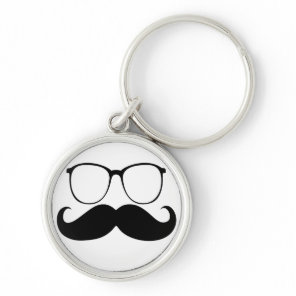 Funny Black Mustache Glasses on White Background Keychain