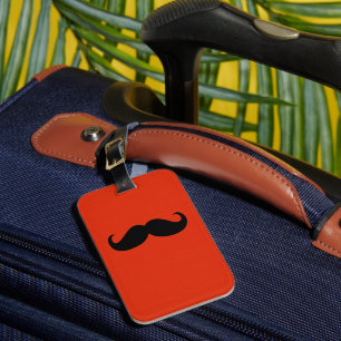 Funny Black Mustache on Orange Red Background Luggage Tag