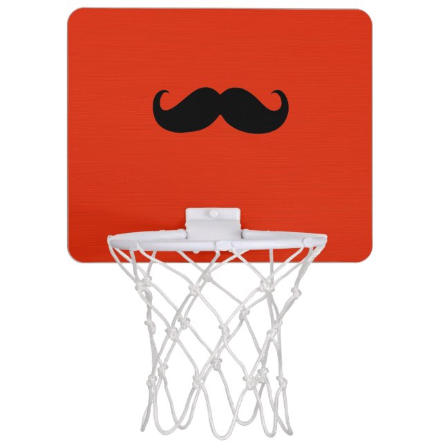 Funny Black Mustache on Orange Red Background Mini Basketball Hoop (Front)