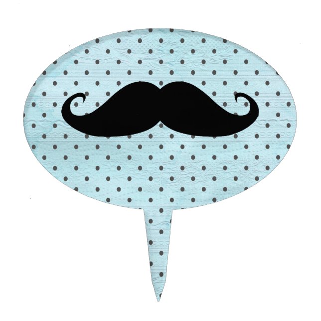 Funny Black Mustache On Teal Blue Polka Dots Cake Topper (Front)
